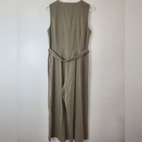 Tahari Linen Blend Jumpsuit Cropped Pants Tie Waist Tank Top Utility Minimalist - Picture 8 of 11